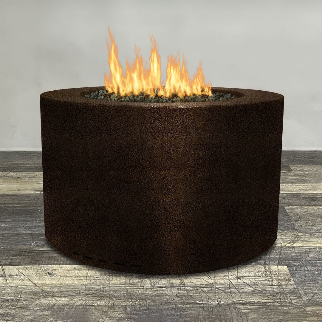 Front view of 45" Round Gravity Powder Coated Steel Fire Pit - Natural Gas - 110V CSA Hi/Lo Electronic Ignition System w/Bluetooth & Handheld Remote - Copper Vein by Starfire Designs - Brown with flames on, featuring sleek modern design and durable construction, perfect for outdoor patio spaces. Natural gas or propane compatible, enhancing warmth and ambiance. Lava rocks included for added aesthetic.