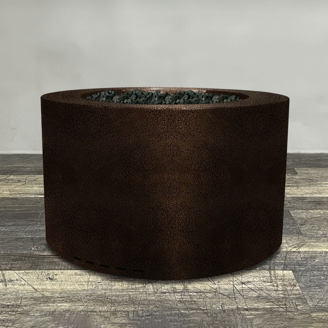 A side view of the 45" Round Gravity Powder Coated Steel Fire Pit - Natural Gas - 110V CSA Hi/Lo Electronic Ignition System w/Bluetooth & Handheld Remote - Copper Vein by Starfire Designs - perfect for outdoor patio spaces. Natural gas or propane compatible, enhancing warmth and ambiance. Lava rocks included for added aesthetic.