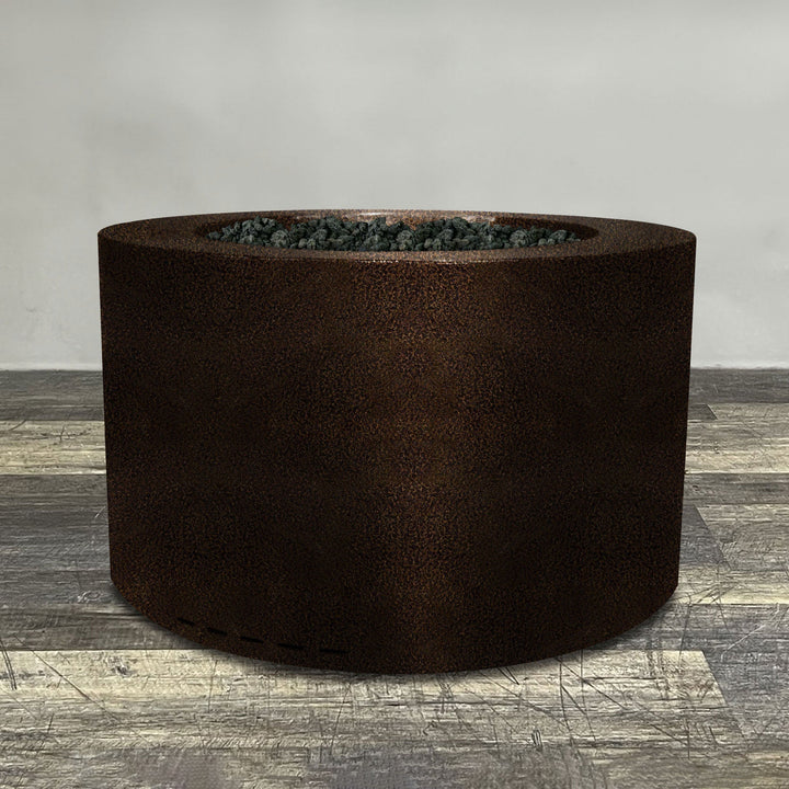 A side view of the 45" Round Gravity Powder Coated Steel Fire Pit - Natural Gas - 110V CSA Hi/Lo Electronic Ignition System w/Bluetooth & Handheld Remote - Copper Vein by Starfire Designs - perfect for outdoor patio spaces. Natural gas or propane compatible, enhancing warmth and ambiance. Lava rocks included for added aesthetic.