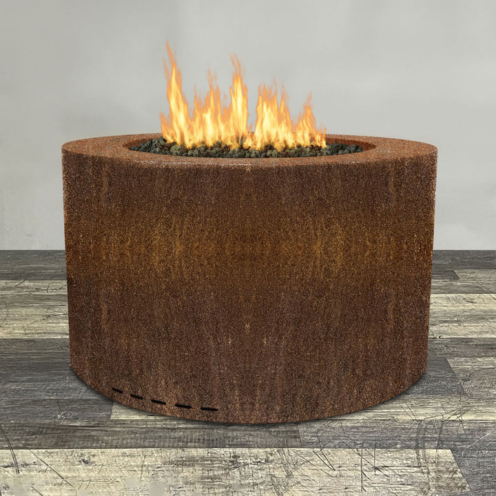 Front view of 45" Round Gravity Corten Steel Fire Pit by Starfire Designs - Brown with flames on, featuring sleek modern  design and durable construction, perfect for outdoor patio spaces. Natural gas or propane compatible, enhancing warmth and ambiance. Lava rocks included for added aesthetic.
