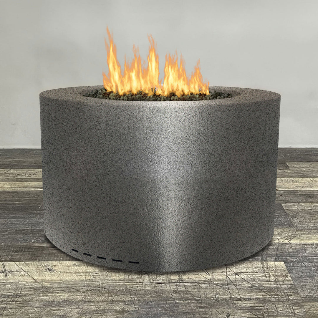 Front view of 45" Round Gravity Powder Coated Steel Fire Pit - Natural Gas - 110V CSA Hi/Lo Electronic Ignition System w/Bluetooth & Handheld Remote - Silver Hammertone by Starfire Designs - Brown with flames on, featuring sleek modern concrete design and durable construction, perfect for outdoor patio spaces. Natural gas or propane compatible, enhancing warmth and ambiance. Lava rocks included for added aesthetic.