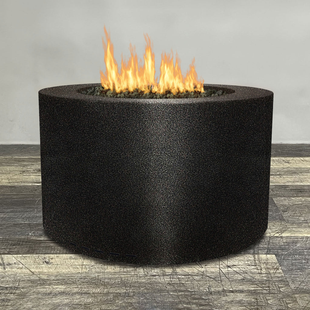 Front view of 45" Round Gravity Powder Coated Steel Fire Pit - Natural Gas - 110V CSA Hi/Lo Electronic Ignition System w/Bluetooth & Handheld Remote - Silver Vein by Starfire Designs - Brown with flames on, featuring sleek modern concrete design and durable construction, perfect for outdoor patio spaces. Natural gas or propane compatible, enhancing warmth and ambiance. Lava rocks included for added aesthetic.