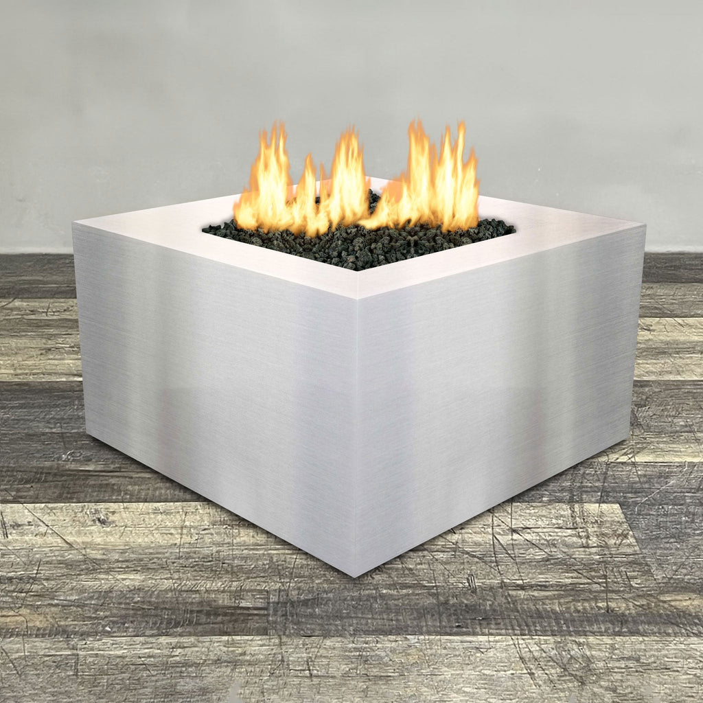 Front view of 45" Square Gravity Stainless Steel Fire Pit by Starfire Designs - Brown with flames on, featuring sleek modern  design and durable construction, perfect for outdoor patio spaces. Natural gas or propane compatible, enhancing warmth and ambiance. Lava rocks included for added aesthetic.