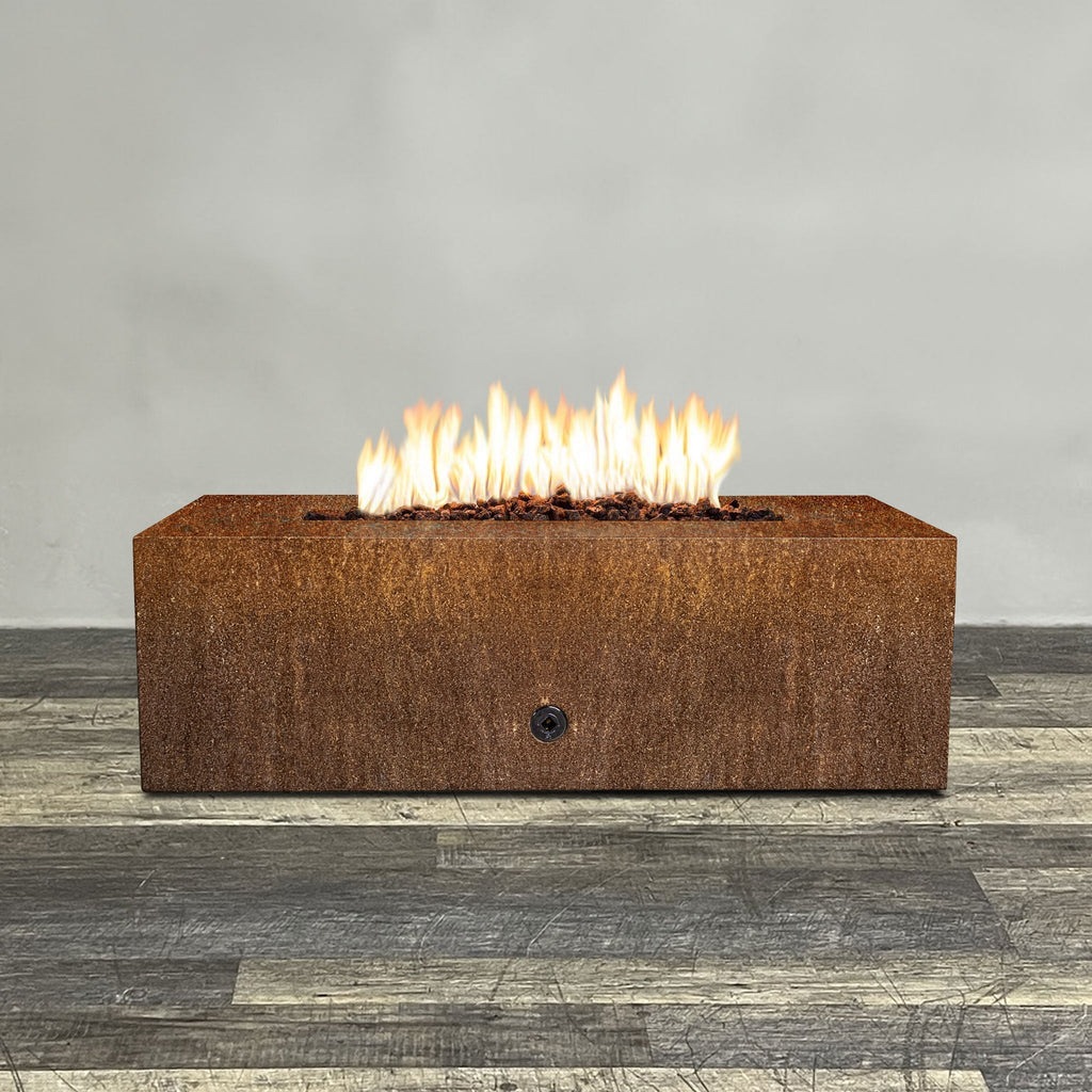 Front view of 48" x 24" Rectangle Gravity Corten Steel Fire Pit by Starfire Designs - Brown with flames on, featuring sleek modern  design and durable construction, perfect for outdoor patio spaces. Natural gas or propane compatible, enhancing warmth and ambiance. Lava rocks included for added aesthetic.