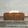 Front view of 48" x 24" Rectangle Gravity Corten Steel Fire Pit by Starfire Designs - Brown with flames on, featuring sleek modern  design and durable construction, perfect for outdoor patio spaces. Natural gas or propane compatible, enhancing warmth and ambiance. Lava rocks included for added aesthetic.
