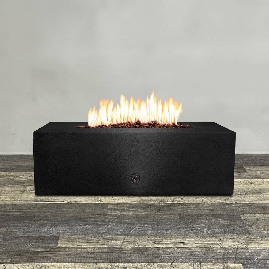 Front view of 48" x 24" Rectangle Gravity Powder Coated Steel Fire Pit - Propane Gas Hardline - Push Button Spark Ignition - Black Hammertone by Starfire Designs - Brown with flames on, featuring sleek modern design and durable construction, perfect for outdoor patio spaces. Natural gas or propane compatible, enhancing warmth and ambiance. Lava rocks included for added aesthetic.
