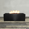 Front view of 48" x 24" Rectangle Gravity Powder Coated Steel Fire Pit - Propane Gas Hardline - Push Button Spark Ignition - Black Hammertone by Starfire Designs - Brown with flames on, featuring sleek modern design and durable construction, perfect for outdoor patio spaces. Natural gas or propane compatible, enhancing warmth and ambiance. Lava rocks included for added aesthetic.