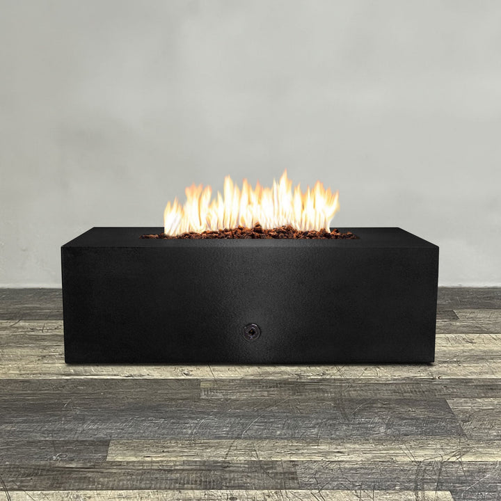 Front view of 48" x 24" Rectangle Gravity Powder Coated Steel Fire Pit - Propane Gas Hardline - Push Button Spark Ignition - Black Hammertone by Starfire Designs - Brown with flames on, featuring sleek modern design and durable construction, perfect for outdoor patio spaces. Natural gas or propane compatible, enhancing warmth and ambiance. Lava rocks included for added aesthetic.