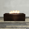 Front view of 48" x 24" Rectangle Gravity Powder Coated Steel Fire Pit - Propane Gas Hardline - Flame Sense with Spark Ignition System - Copper Vein by Starfire Designs - Brown with flames on, featuring sleek modern concrete design and durable construction, perfect for outdoor patio spaces. Natural gas or propane compatible, enhancing warmth and ambiance. Lava rocks included for added aesthetic.