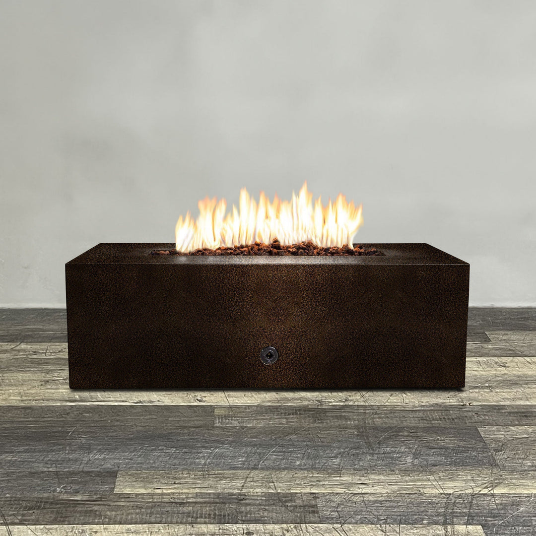 Front view of 48" x 24" Rectangle Gravity Powder Coated Steel Fire Pit - Propane Gas Hardline - Flame Sense with Spark Ignition System - Copper Vein by Starfire Designs - Brown with flames on, featuring sleek modern concrete design and durable construction, perfect for outdoor patio spaces. Natural gas or propane compatible, enhancing warmth and ambiance. Lava rocks included for added aesthetic.