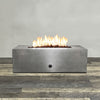 Front view of 48" x 24" Rectangle Gravity Powder Coated Steel Fire Pit - Propane Gas Hardline - Push Button Spark Ignition - Silver Hammertone by Starfire Designs - Brown with flames on, featuring sleek modern concrete design and durable construction, perfect for outdoor patio spaces. Natural gas or propane compatible, enhancing warmth and ambiance. Lava rocks included for added aesthetic.