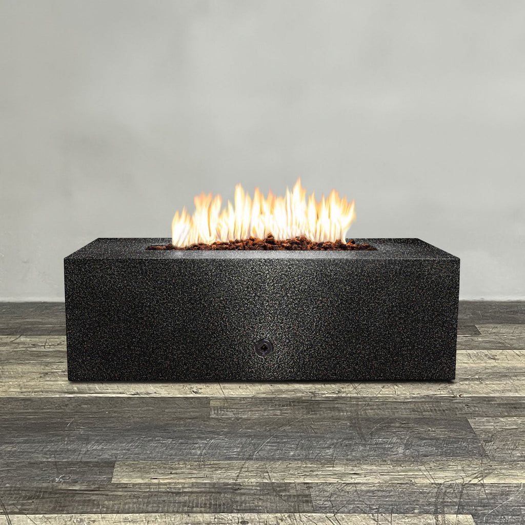 Front view of 48" x 24" Rectangle Gravity Powder Coated Steel Fire Pit - Propane Gas Hardline - 110V CSA On/Off Electronic Ignition System - Silver Vein by Starfire Designs - Brown with flames on, featuring sleek modern concrete design and durable construction, perfect for outdoor patio spaces. Natural gas or propane compatible, enhancing warmth and ambiance. Lava rocks included for added aesthetic.