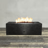 Front view of 48" x 24" Rectangle Gravity Powder Coated Steel Fire Pit - Propane Gas Hardline - 110V CSA On/Off Electronic Ignition System - Silver Vein by Starfire Designs - Brown with flames on, featuring sleek modern concrete design and durable construction, perfect for outdoor patio spaces. Natural gas or propane compatible, enhancing warmth and ambiance. Lava rocks included for added aesthetic.