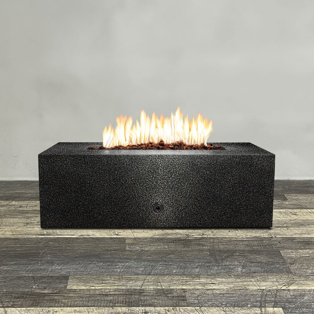Front view of 48" x 24" Rectangle Gravity Powder Coated Steel Fire Pit - Propane Gas Hardline - 110V CSA On/Off Electronic Ignition System - Silver Vein by Starfire Designs - Brown with flames on, featuring sleek modern concrete design and durable construction, perfect for outdoor patio spaces. Natural gas or propane compatible, enhancing warmth and ambiance. Lava rocks included for added aesthetic.