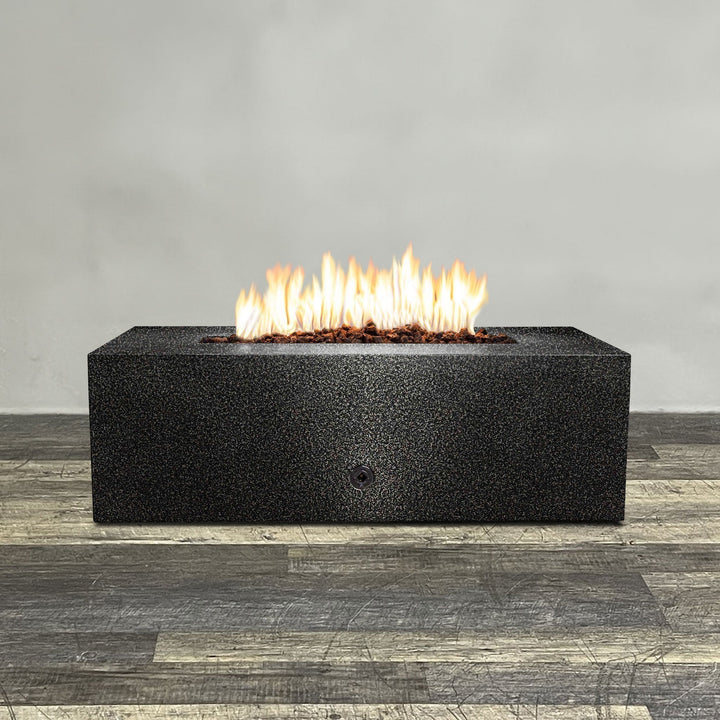 Front view of 48" x 24" Rectangle Gravity Powder Coated Steel Fire Pit - Propane Gas Hardline - 110V CSA On/Off Electronic Ignition System - Silver Vein by Starfire Designs - Brown with flames on, featuring sleek modern concrete design and durable construction, perfect for outdoor patio spaces. Natural gas or propane compatible, enhancing warmth and ambiance. Lava rocks included for added aesthetic.