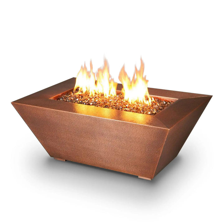 Starfire Designs 48" x 32" Copper Canyon gas fire pit with golden fire glass, featuring a hammered copper finish, perfect for luxury outdoor fire pits