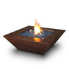 50-inch Plaza Moreno copper fire pit with blue fire glass and flames, shown on a white background, perfect for luxury modern outdoor fire pit designs by Starfire Designs