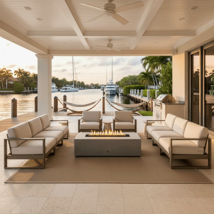 A covered patio extends onto a wooden dock, featuring a gray rectangular fire pit surrounded by sofas and hammocks. The setting overlooks a canal with boats, creating a relaxing backyard oasis. The steady flames of the propane fire pit provide warmth and ambiance for this family gathering fire pit area, seamlessly integrating with the waterfront outdoor living space.