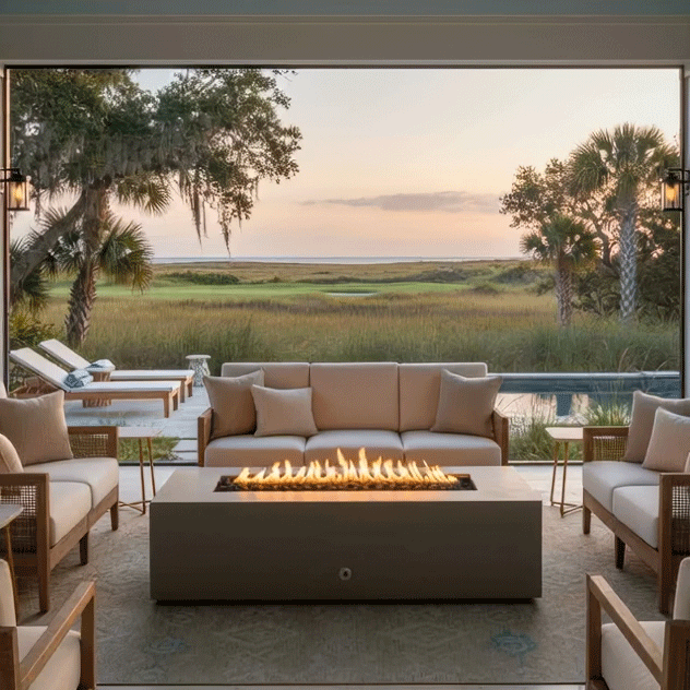A soft beige sofa and matching armchairs are arranged in a U-shape around a low concrete fire pit on a covered terrace, the slim rectangular burner producing a bright, continuous line of flame as it reflects off nearby pool water and the marshy coastal landscape beyond, creating a sheltered patio fire pit nook that reads as a cozy backyard fire pit and versatile outdoor fire pit lounge for quiet sunset views and conversation.
