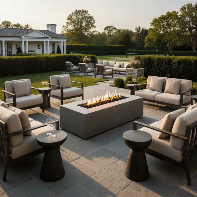 A covered wooden deck features a graphite gas fire pit positioned in front of a stone outdoor fireplace. The setting overlooks a lake and mature trees, creating a cozy family gathering fire pit area. The clean-burning flames of the smokeless fire pit provide warmth and ambiance, enhancing the rustic elegance of the outdoor living space.