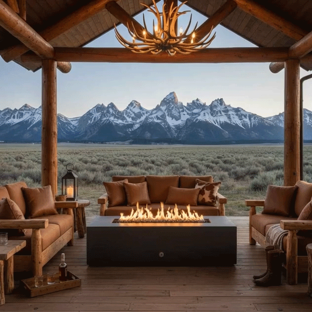 Under a heavy timber roof framed by log posts, a graphite concrete fire pit stretches between two warm leather-toned sofa groupings, its linear flames rising above dark stones while lanterns glow on side tables and a vast meadow leads to snowcapped peaks beyond, presenting an outdoor fire pit with a rectangular fire pit profile that feels like a rustic fire pit and inviting family gathering fire pit on a Western-style porch.