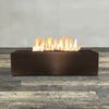 Front view of 60" x 32" Rectangle Gravity Powder Coated Steel Fire Pit - Propane Gas Hardline - Push Button Spark Ignition - Bronze Hammertone by Starfire Designs - Brown with flames on, featuring sleek modern concrete design and durable construction, perfect for outdoor patio spaces. Natural gas or propane compatible, enhancing warmth and ambiance. Lava rocks included for added aesthetic.