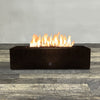 Front view of 60" x 32" Rectangle Gravity Powder Coated Steel Fire Pit - Natural Gas - Push Button Spark Ignition - Copper Vein by Starfire Designs - Brown with flames on, featuring sleek modern concrete design and durable construction, perfect for outdoor patio spaces. Natural gas or propane compatible, enhancing warmth and ambiance. Lava rocks included for added aesthetic.