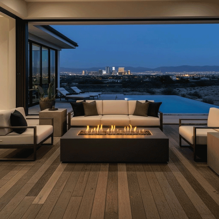 A patio fire pit with a rectangular graphite profile sits on a wooden deck overlooking a desert landscape at twilight. The clean-burning flames illustrate the benefits of a smokeless fire pit, providing warmth without obstructing the view of the city lights and mountains. This propane fire pit setup creates a cozy backyard fire pit ambiance next to a swimming pool.