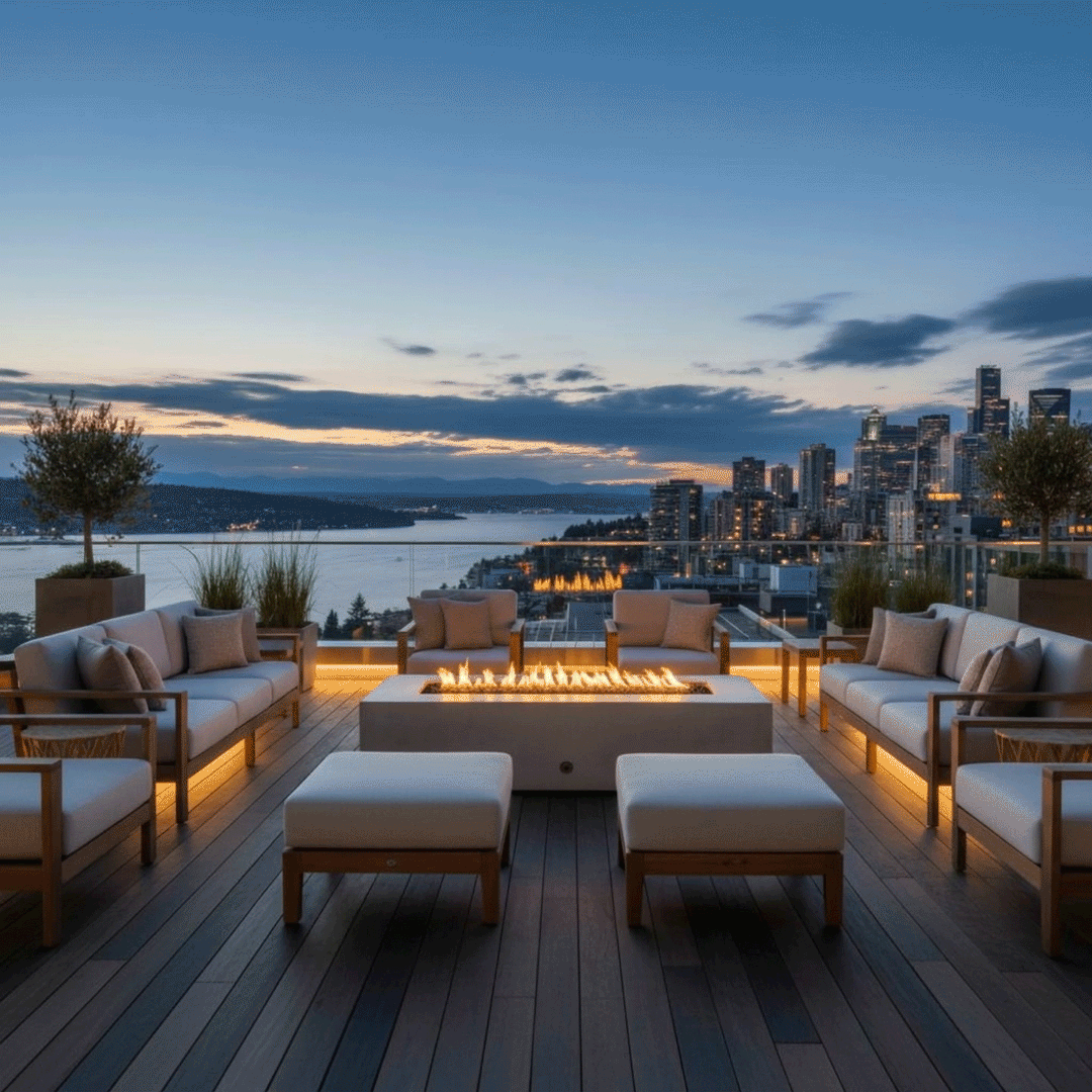 A white luxury fire pit sits on a spacious rooftop deck overlooking a bay and city skyline at twilight. Surrounded by two large sofas, the rooftop fire pit creates a warm and inviting atmosphere for outdoor entertaining. The steady flames of the fire table reflect on the wooden deck, enhancing the sophisticated urban setting.