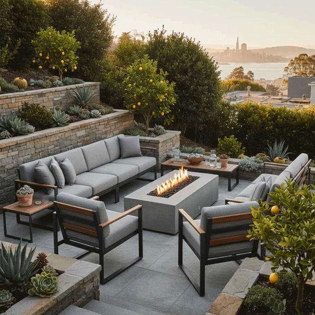 A terraced hillside garden with stone walls, succulents, and citrus trees surrounds a central seating area where a low gray concrete fire pit burns with a long ribbon of flame, flanked by modern sofas and armchairs that overlook distant water and city buildings, creating an outdoor fire pit that doubles as a sleek rectangular fire pit and concrete fire pit anchoring a lush backyard oasis for evening gatherings.