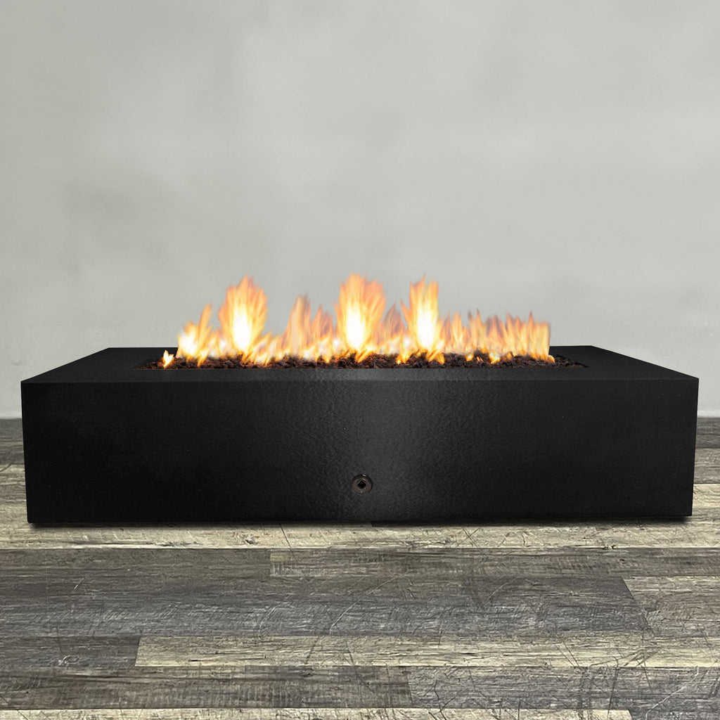 Front view of 72" x 38" Rectangle Gravity Powder Coated Steel Fire Pit - Propane Gas Hardline - 110V CSA Hi/Lo Electronic Ignition System w/Bluetooth & Handheld Remote - Black Hammertone by Starfire Designs - Brown with flames on, featuring sleek modern concrete design and durable construction, perfect for outdoor patio spaces. Natural gas or propane compatible, enhancing warmth and ambiance. Lava rocks included for added aesthetic.