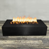 A side view of the 72" x 38" Rectangle Gravity Powder Coated Steel Fire Pit - Propane Gas Hardline - 110V CSA Hi/Lo Electronic Ignition System w/Bluetooth & Handheld Remote - Black Hammertone by Starfire Designs - perfect for outdoor patio spaces. Natural gas or propane compatible, enhancing warmth and ambiance. Lava rocks included for added aesthetic.