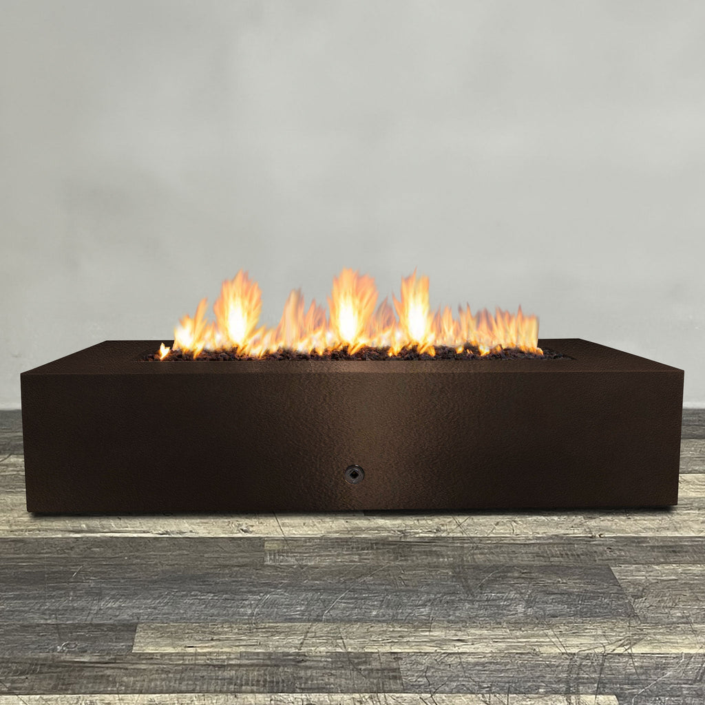 Front view of 72" x 38" Rectangle Gravity Powder Coated Steel Fire Pit - Propane Gas Hardline - 110V CSA Hi/Lo Electronic Ignition System w/Bluetooth & Handheld Remote - Bronze Hammertone by Starfire Designs - Brown with flames on, featuring sleek modern concrete design and durable construction, perfect for outdoor patio spaces. Natural gas or propane compatible, enhancing warmth and ambiance. Lava rocks included for added aesthetic.