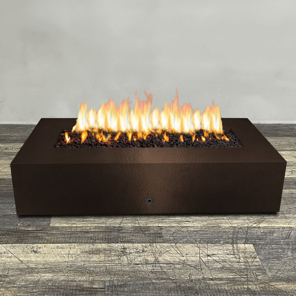 A side view of the 72" x 38" Rectangle Gravity Powder Coated Steel Fire Pit - Propane Gas Hardline - 110V CSA Hi/Lo Electronic Ignition System w/Bluetooth & Handheld Remote - Bronze Hammertone by Starfire Designs - perfect for outdoor patio spaces. Natural gas or propane compatible, enhancing warmth and ambiance. Lava rocks included for added aesthetic.