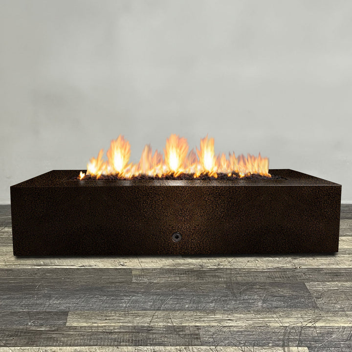 Front view of 72" x 38" Rectangle Gravity Powder Coated Steel Fire Pit - Propane Gas Hardline - 110V CSA Hi/Lo Electronic Ignition System w/Bluetooth & Handheld Remote - Copper Vein by Starfire Designs - Brown with flames on, featuring sleek modern concrete design and durable construction, perfect for outdoor patio spaces. Natural gas or propane compatible, enhancing warmth and ambiance. Lava rocks included for added aesthetic.