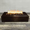 A side view of the 72" x 38" Rectangle Gravity Powder Coated Steel Fire Pit - Propane Gas Hardline - 110V CSA Hi/Lo Electronic Ignition System w/Bluetooth & Handheld Remote - Copper Vein by Starfire Designs - perfect for outdoor patio spaces. Natural gas or propane compatible, enhancing warmth and ambiance. Lava rocks included for added aesthetic.