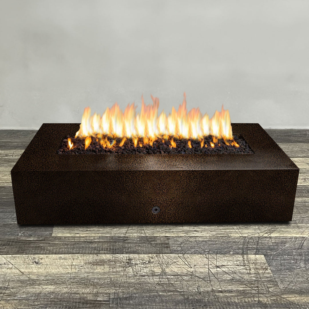 A side view of the 72" x 38" Rectangle Gravity Powder Coated Steel Fire Pit - Propane Gas Hardline - 110V CSA Hi/Lo Electronic Ignition System w/Bluetooth & Handheld Remote - Copper Vein by Starfire Designs - perfect for outdoor patio spaces. Natural gas or propane compatible, enhancing warmth and ambiance. Lava rocks included for added aesthetic.