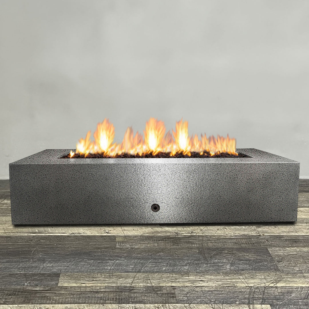 Front view of 72" x 38" Rectangle Gravity Powder Coated Steel Fire Pit - Natural Gas - 110V CSA On/Off Electronic Ignition System - Silver Hammertone by Starfire Designs - Brown with flames on, featuring sleek modern concrete design and durable construction, perfect for outdoor patio spaces. Natural gas or propane compatible, enhancing warmth and ambiance. Lava rocks included for added aesthetic.