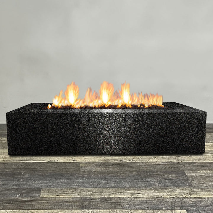 Front view of 72" x 38" Rectangle Gravity Powder Coated Steel Fire Pit - Natural Gas - 110V CSA On/Off Electronic Ignition System - Silver Vein by Starfire Designs - Brown with flames on, featuring sleek modern concrete design and durable construction, perfect for outdoor patio spaces. Natural gas or propane compatible, enhancing warmth and ambiance. Lava rocks included for added aesthetic.