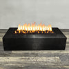 A side view of the 72" x 38" Rectangle Gravity Powder Coated Steel Fire Pit - Propane Gas Hardline - 110V CSA Hi/Lo Electronic Ignition System w/Bluetooth & Handheld Remote - Silver Vein by Starfire Designs - perfect for outdoor patio spaces. Natural gas or propane compatible, enhancing warmth and ambiance. Lava rocks included for added aesthetic.