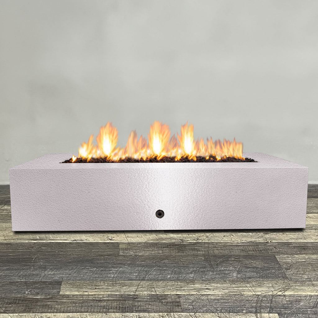 Front view of 72" x 38" Rectangle Gravity Powder Coated Steel Fire Pit - Natural Gas - 110V CSA On/Off Electronic Ignition System - White Hammertone by Starfire Designs - Brown with flames on, featuring sleek modern concrete design and durable construction, perfect for outdoor patio spaces. Natural gas or propane compatible, enhancing warmth and ambiance. Lava rocks included for added aesthetic.