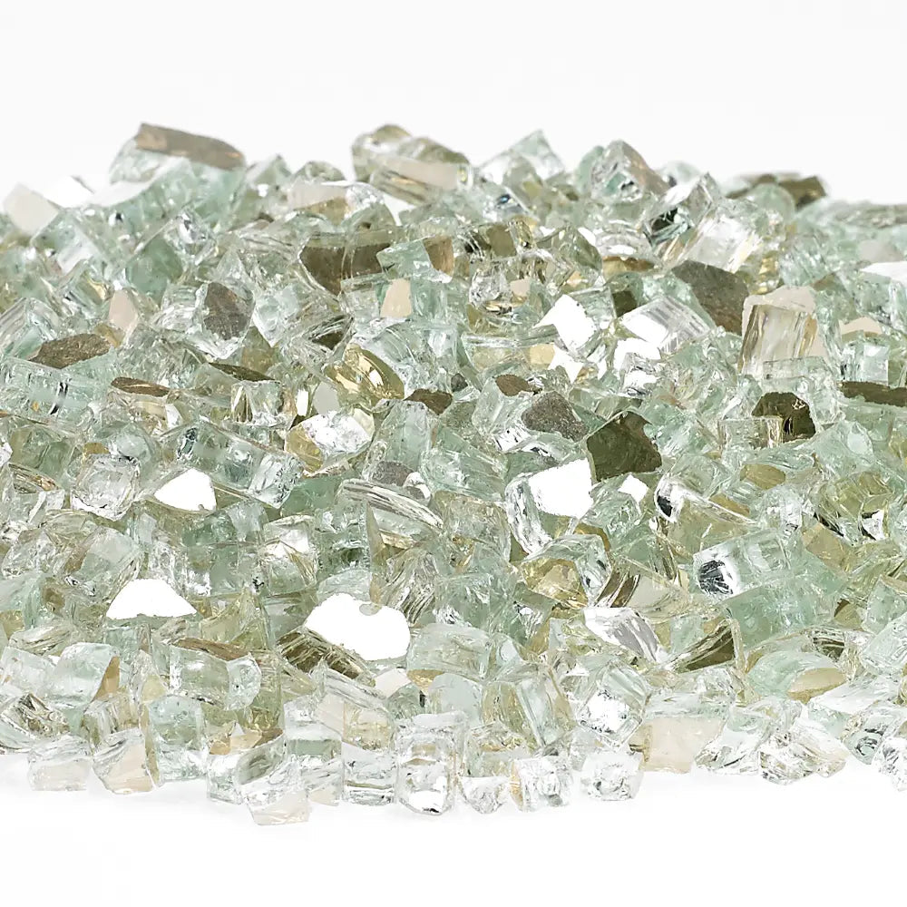 Close-up of American Fire Products 1/4" Platinum Reflective Fire Glass showcasing its clear, jewel-like pieces and shimmering mirrored backing—perfect for adding a refined sparkle and modern touch to gas fire pits and fireplaces.