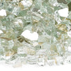 Zoomed-in view of American Fire Products 1/4" Platinum Reflective Fire Glass, highlighting the crushed crystal-clear pieces with mirrored backing that beautifully catch and reflect light—ideal for upscale fire pit and fireplace designs.