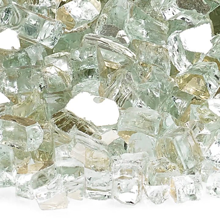 Zoomed-in view of American Fire Products 1/4" Platinum Reflective Fire Glass, highlighting the crushed crystal-clear pieces with mirrored backing that beautifully catch and reflect light—ideal for upscale fire pit and fireplace designs.