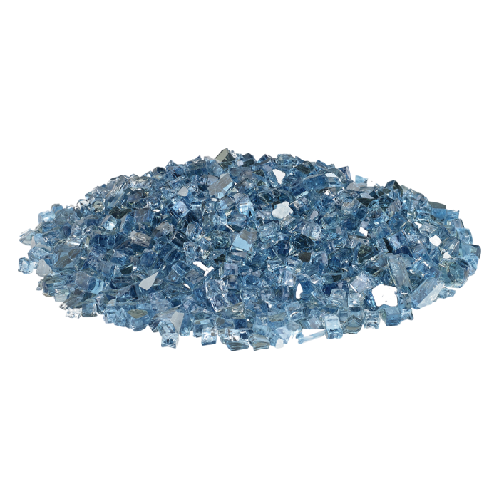 A vibrant mound of American Fire Products 1/4" Pacific Blue Reflective Fire Glass, featuring shimmering sky-blue crushed glass pieces with a mirrored finish—ideal for adding coastal charm and radiant brilliance to any fire pit or fireplace.