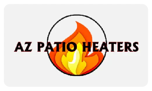 The AZ Patio Heaters logo featuring the brand name in black and backlit with a large flame icon, representing their high-end patio heater products.
