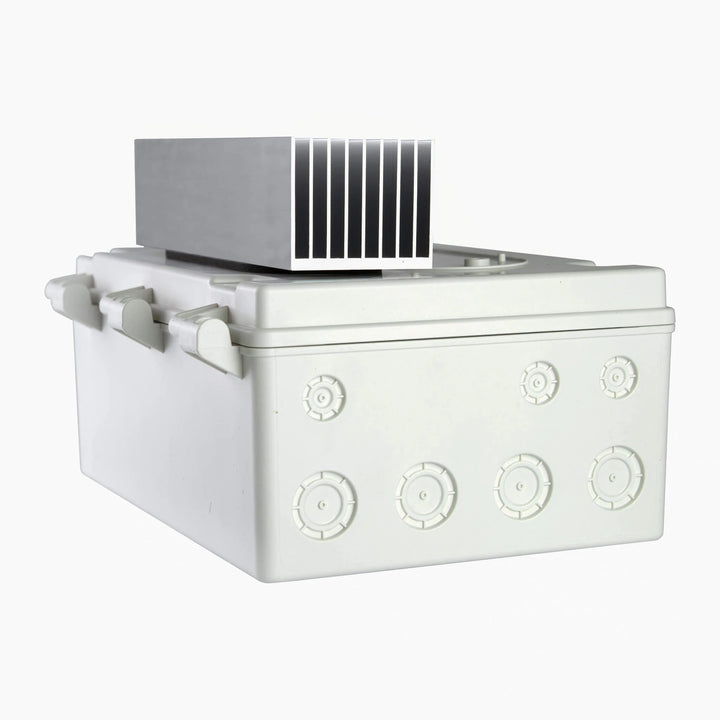 Side-angled product shot of the Bromic wireless 1-Channel adjustable dimmer control, highlighting its sleek aluminum fins for improved cooling and performance.