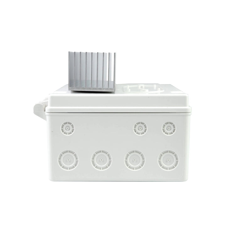 Front-side angle of the Bromic Affinity Smart-Heat 1-Channel Dimmer showcasing the vertical cooling fins and compact weather-resistant design.