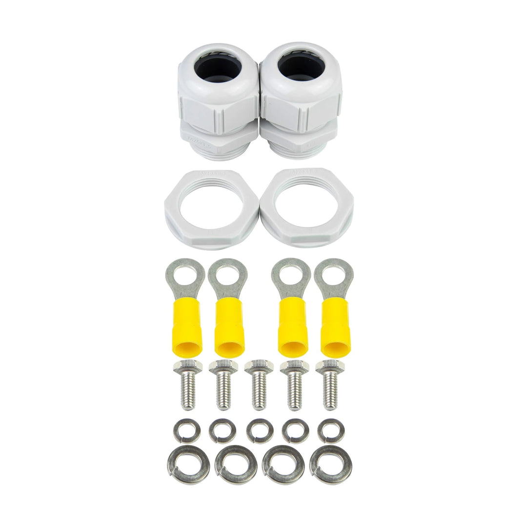 Hardware kit included with the Bromic Smart-Heat 1-Channel Wireless Adjustable Dimmer Control, showing waterproof cable glands, mounting screws, and grounding connectors.