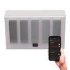 Five-channel Bromic Affinity Smart-Heat Dimmer shown at a front angle with cooling fins, paired with the Bromic Heating app on a smartphone for wireless multi-zone heater control.